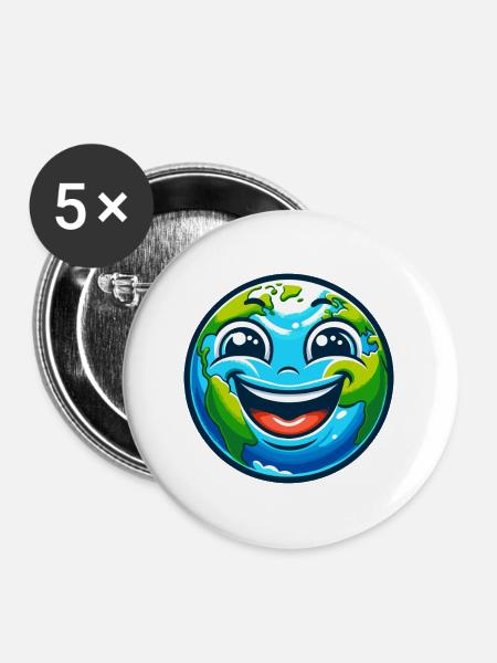 Fröhliche Erde Cartoon - Buttons mittel 32 mm (5er Pack) - Weiß