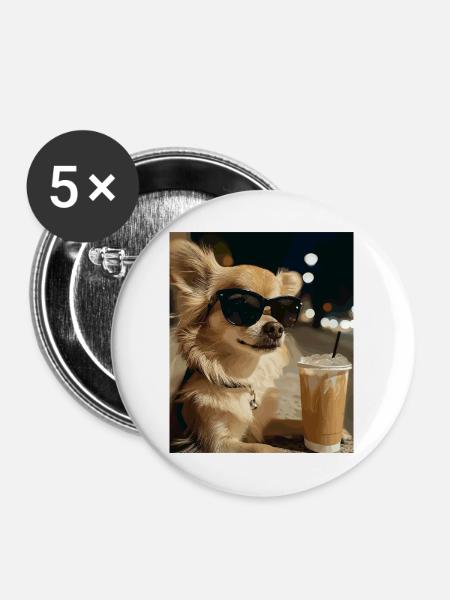 Sonnenbrillen-Hund mit Eiskaffee - Buttons mittel 32 mm (5er Pack) - Weiß