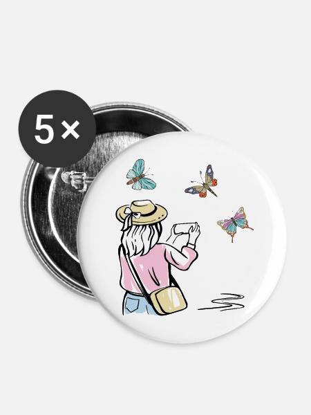 Mädchen fotografiert Schmetterlinge - Buttons mittel 32 mm (5er Pack) - Weiß