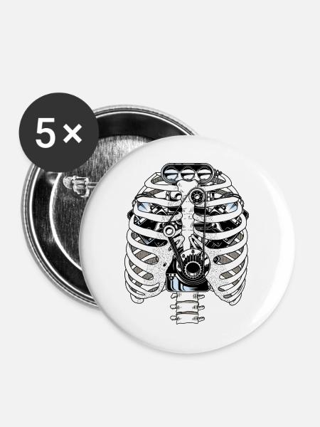 Biomech Ribcage-Motormechaniker - Buttons mittel 32 mm (5er Pack) - Weiß