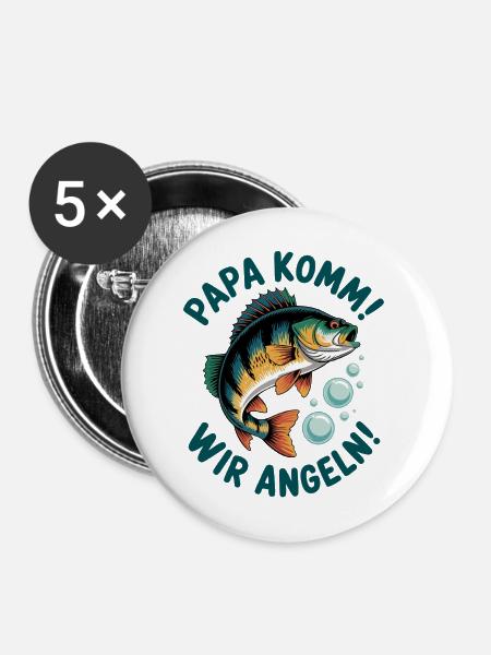 Papa komm! Wir Angeln - Buttons mittel 32 mm (5er Pack) - Weiß