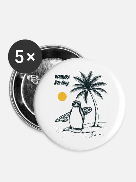Waikiki Surfing Penguin - Buttons mittel 32 mm (5er Pack) - Weiß