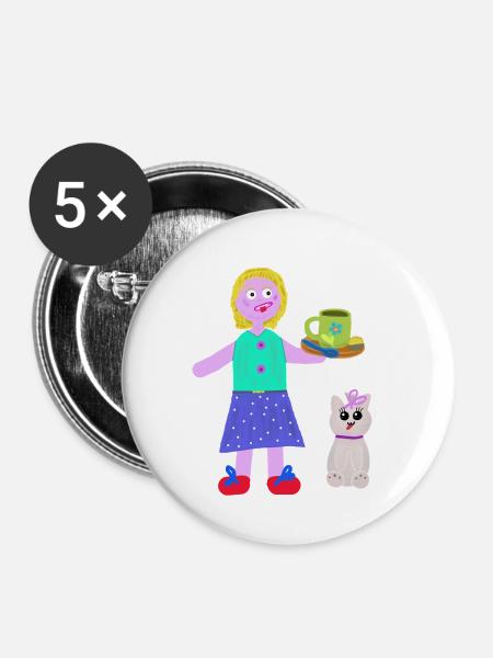 Fröhliche Mädchen Kaffee Praline Katze - Buttons mittel 32 mm (5er Pack) - Weiß