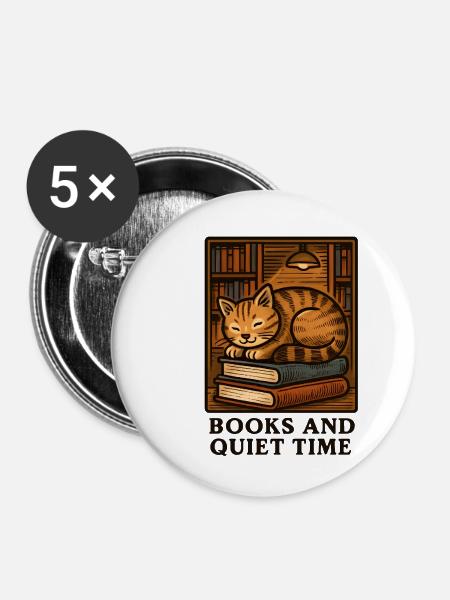 Katzenruhe: Lesezeit auf Büchern - Buttons mittel 32 mm (5er Pack) - Weiß