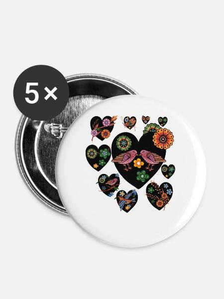 Love Birds Volkskunst - Buttons mittel 32 mm (5er Pack) - Weiß