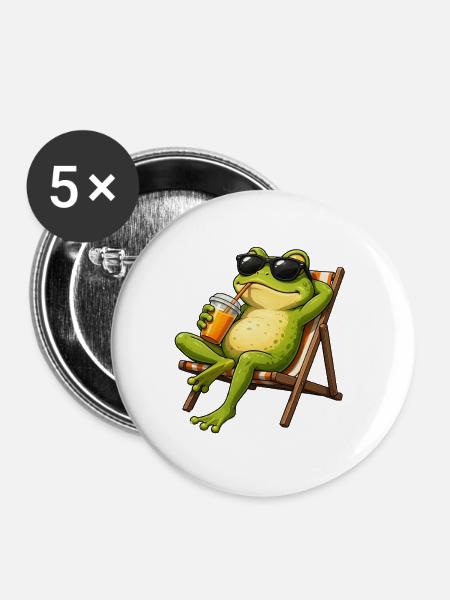 Relaxter Frosch im Strandstuhl - Buttons mittel 32 mm (5er Pack) - Weiß