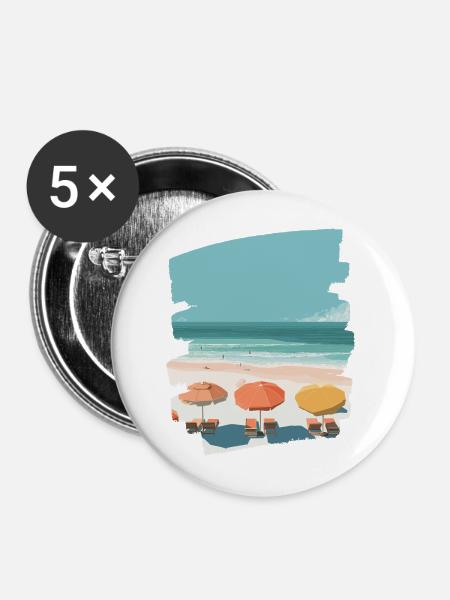 Bunter Strand mit Sonnenschirmen - Buttons mittel 32 mm (5er Pack) - Weiß