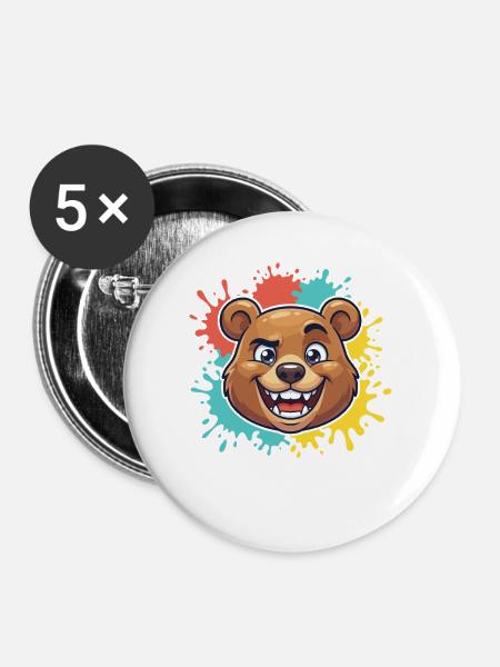 Fröhlicher Bärenkopf mit Farbspritzern - Buttons mittel 32 mm (5er Pack) - Weiß