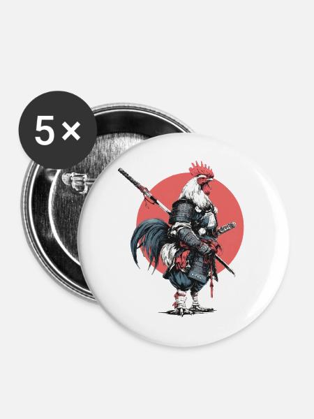 Hahn-Samurai in Rüstung - Buttons mittel 32 mm (5er Pack) - Weiß