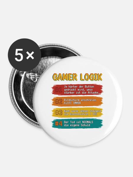 Gamer Logik Spruchband - Buttons mittel 32 mm (5er Pack) - Weiß