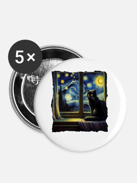Schwarze Katze Starry Night - Buttons mittel 32 mm (5er Pack) - Weiß