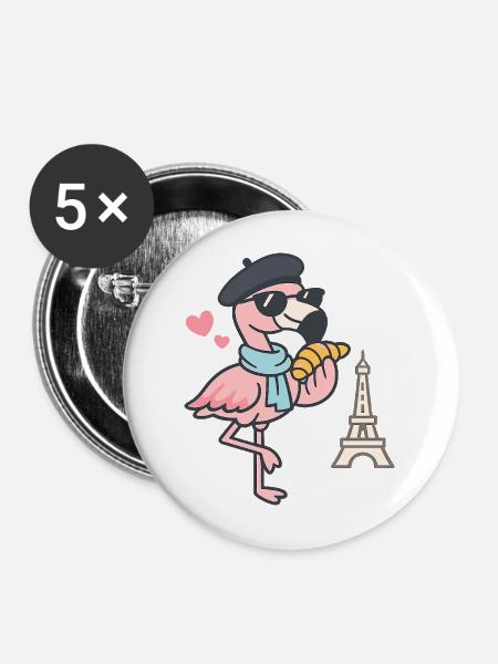 Pariser Flamingo mit Croissant - Buttons mittel 32 mm (5er Pack) - Weiß