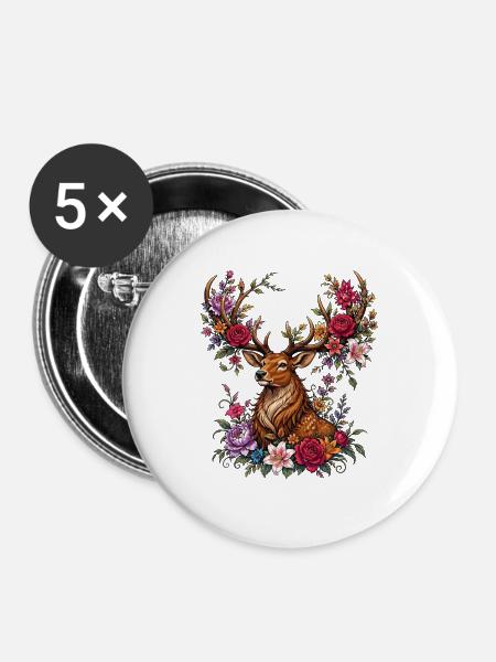 Floraler Hirsch mit Blütengeweih - Buttons mittel 32 mm (5er Pack) - Weiß