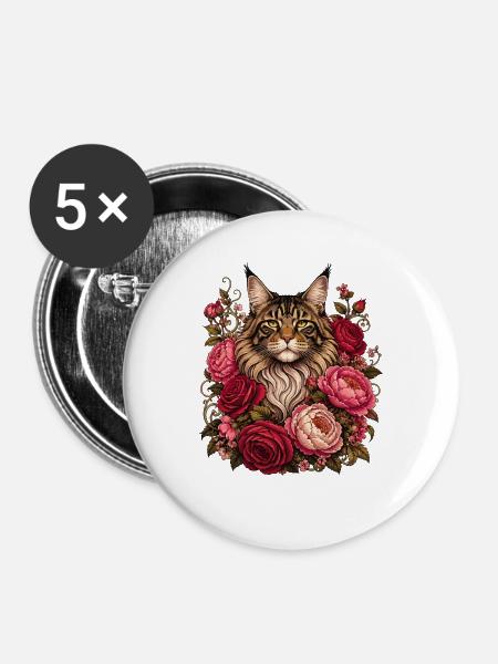 Katze im Blütenkranz - Buttons mittel 32 mm (5er Pack) - Weiß