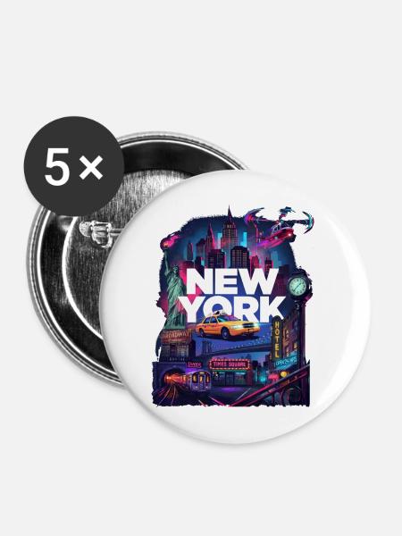 Neon New York Cityscape - Buttons mittel 32 mm (5er Pack) - Weiß