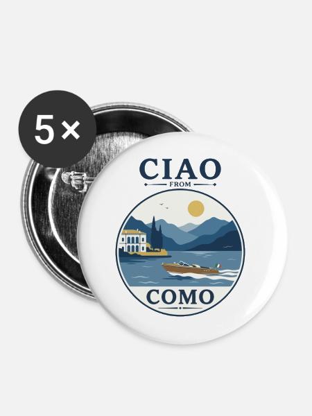 Como See: Villa, Boot und Berglandschaft - Buttons mittel 32 mm (5er Pack) - Weiß