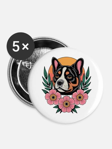 Blüten-Hundeporträt - Buttons mittel 32 mm (5er Pack) - Weiß