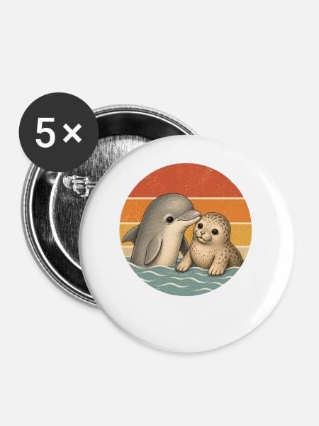 Delphin und Robbe - Buttons mittel 32 mm (5er Pack) - Weiß