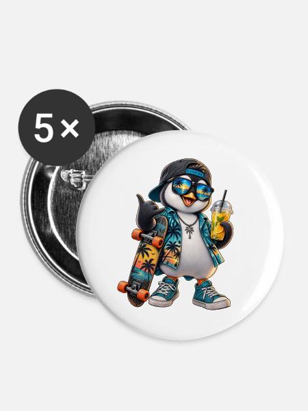 Sommerpinguin Skateboard-Vibe - Buttons mittel 32 mm (5er Pack) - Weiß