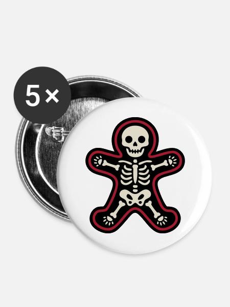 Skelett Lebkuchenmann Grafik - Buttons mittel 32 mm (5er Pack) - Weiß