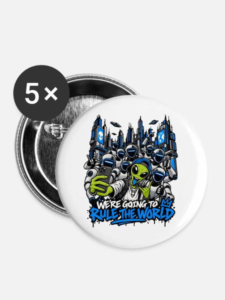 Alien-Invasion dominiert die Welt - Buttons mittel 32 mm (5er Pack) - Weiß