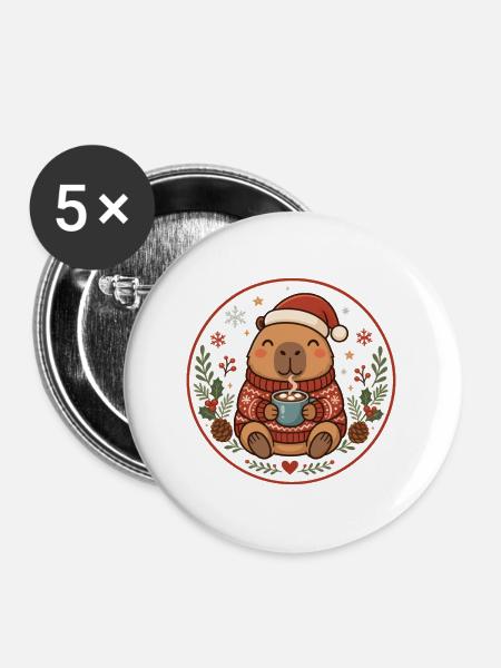 Capybara im Weihnachtspullover und Kakao  - Buttons mittel 32 mm (5er Pack) - Weiß