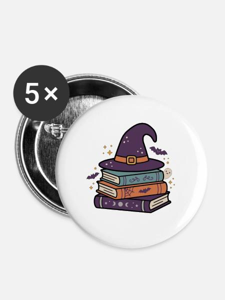 Hexenhut-Bücher Halloween-Schule - Buttons mittel 32 mm (5er Pack) - Weiß