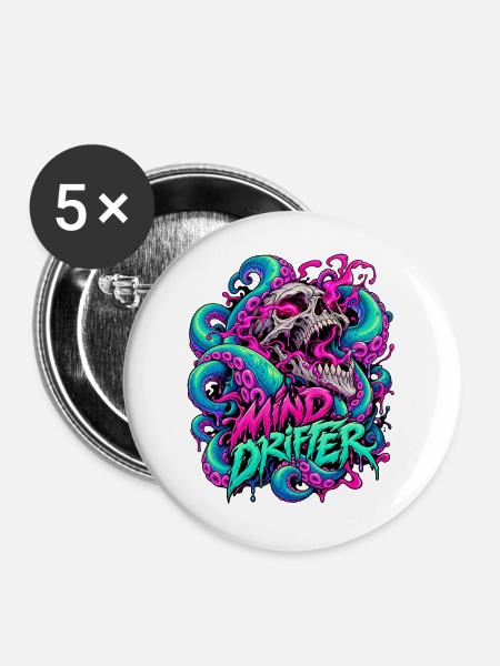 MindDrifter Skull Neon Tentakel - Buttons mittel 32 mm (5er Pack) - Weiß