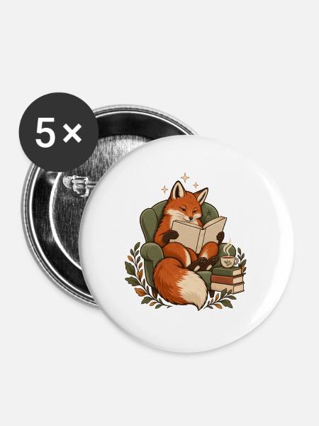 Lesender Fuchs im Sessel – Gemütliche Bücherliebe - Buttons mittel 32 mm (5er Pack) - Weiß