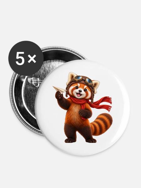 Pilot Red Panda mit Papierflugzeug - Buttons mittel 32 mm (5er Pack) - Weiß