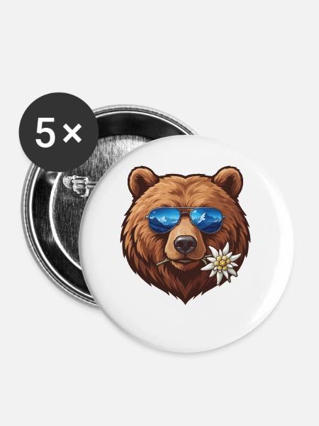 Bär mit Sonnenbrille mit Bergreflexion - Buttons mittel 32 mm (5er Pack) - Weiß