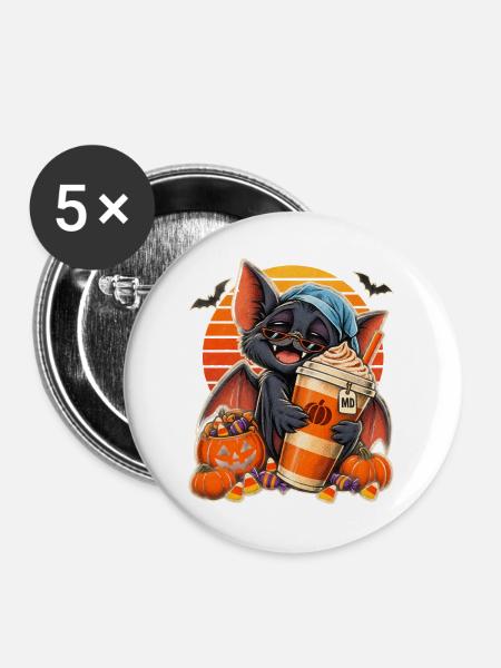 Halloween Fledermaus mit Kürbis-Kaffee - Buttons mittel 32 mm (5er Pack) - Weiß