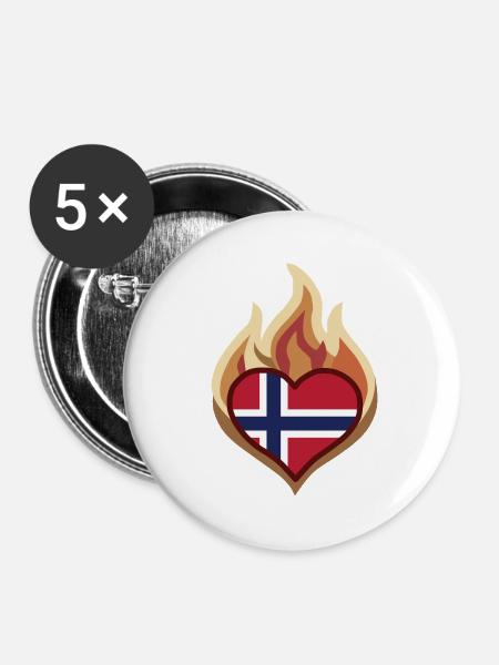 Norway Flag Heart on Fire - Buttons mittel 32 mm (5er Pack) - Weiß