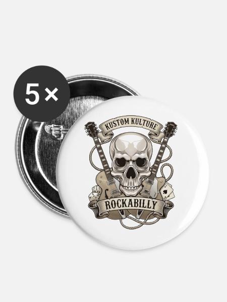 Rockabilly Schädel mit Gitarren - Buttons mittel 32 mm (5er Pack) - Weiß