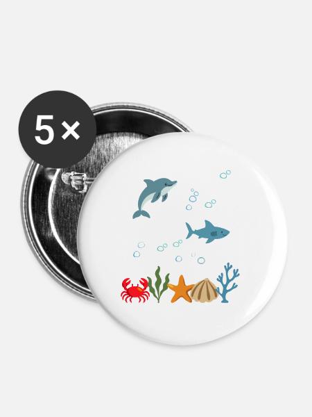 Delfin Unterwasser Kinder Hai - Buttons mittel 32 mm (5er Pack) - Weiß