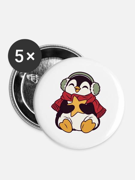 Winterpinguin mit Stern und Kopfhörern - Buttons mittel 32 mm (5er Pack) - Weiß