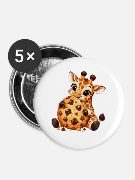 Süße Cartoon Giraffe mit Keks Naschen - Buttons mittel 32 mm (5er Pack) - Weiß