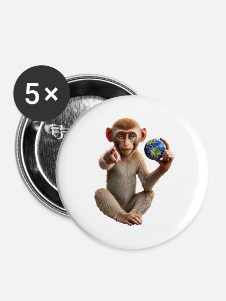 Affe-mit-Erdkugel - Buttons mittel 32 mm (5er Pack) - Weiß
