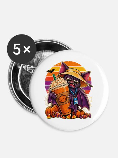 Halloween Kreuzfahrt Fledermaus mit Latte - Buttons mittel 32 mm (5er Pack) - Weiß