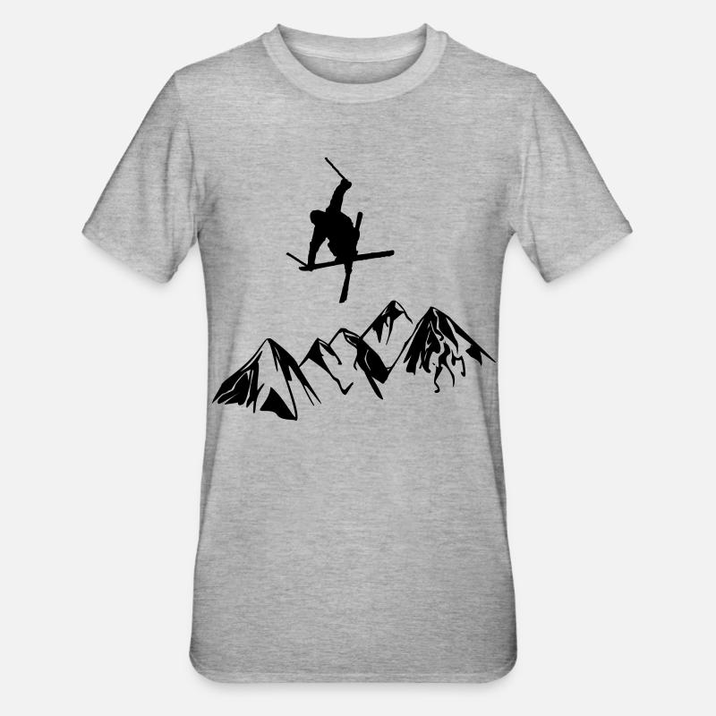 Berge mit Skifahrer - Unisex Polycotton T-Shirt - Grau meliert