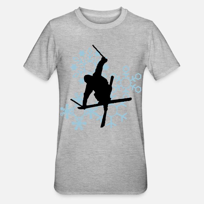 Skier mit Schneeflocken - Unisex Polycotton T-Shirt - Grau meliert