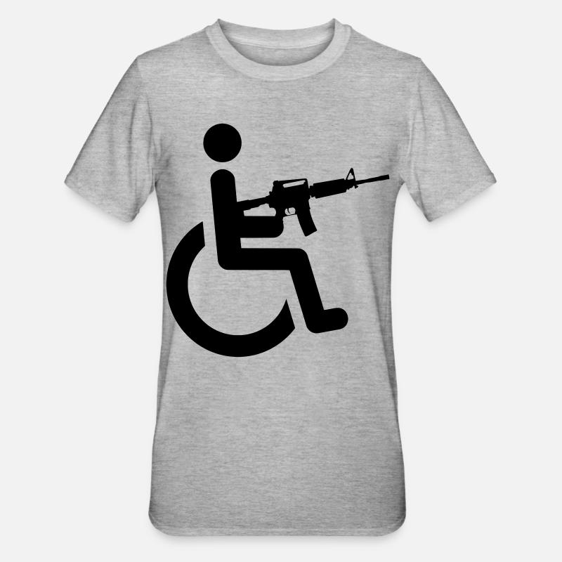 Rollstuhlfahrer mit Waffe # - Unisex Polycotton T-Shirt - Grau meliert