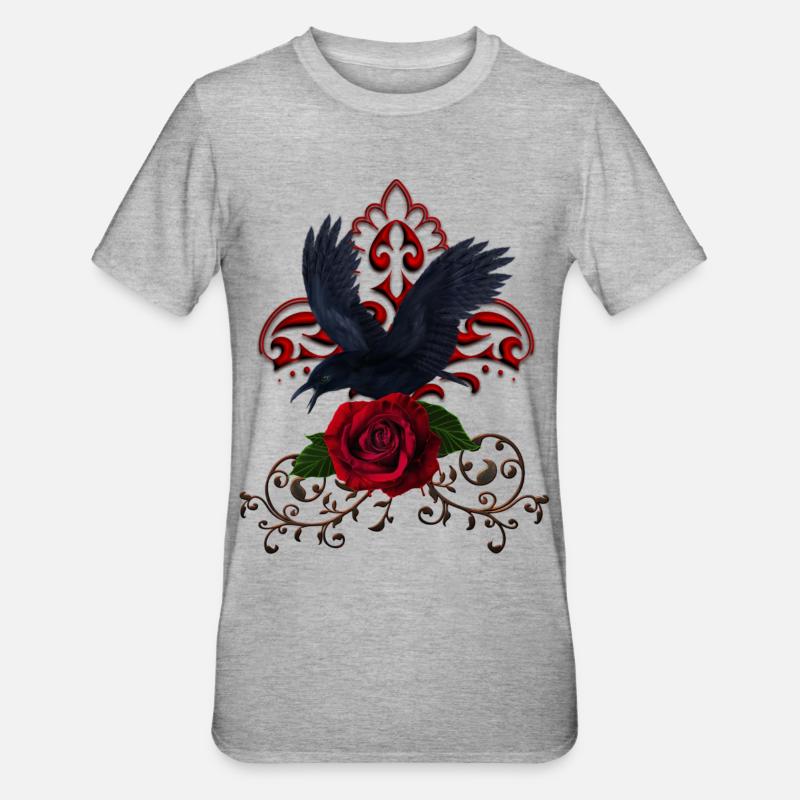 Wundervoller Rabe mit Rose - Unisex Polycotton T-Shirt - Grau meliert