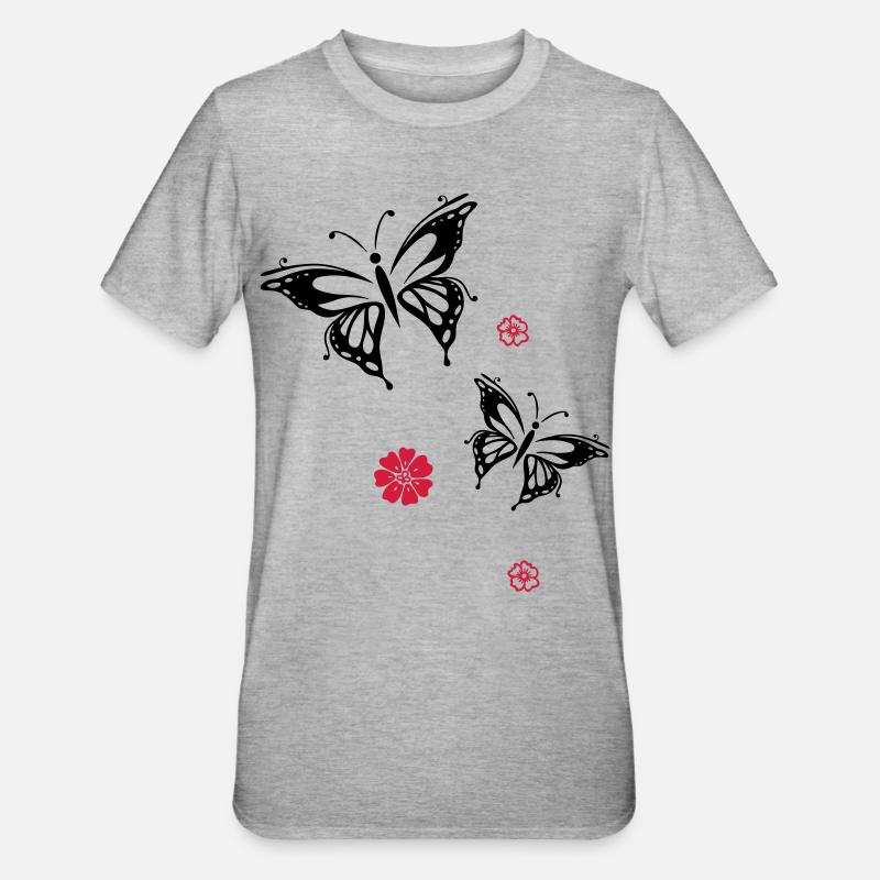 papillons fleurs fleurs insectes été - T-shirt polycoton Unisexe - gris chiné