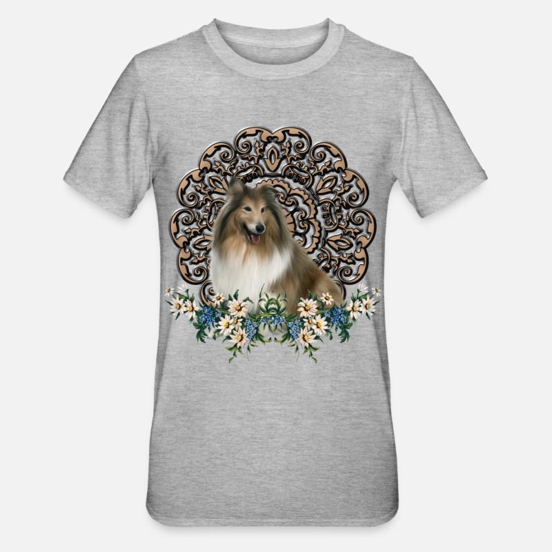 Collie mignon avec des fleurs - T-shirt polycoton Unisexe - gris chiné