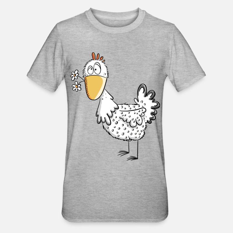 Poule heureuse avec marguerites je conception de dessin animé de poulet - T-shirt polycoton Unisexe - gris chiné