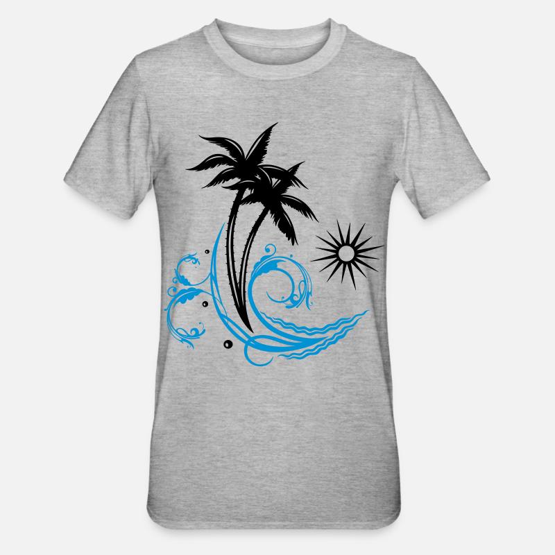 Palm trees with wave and sun, vacation, surf - Unisex Polycotton T-Shirt - heather grey