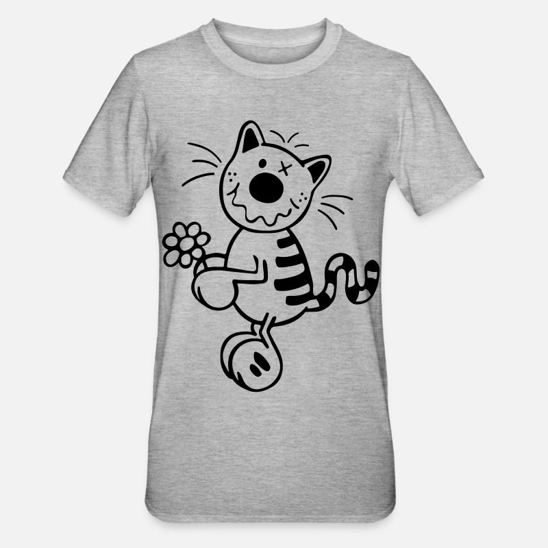 Katze mit Blume - Unisex Polycotton T-Shirt - Grau meliert
