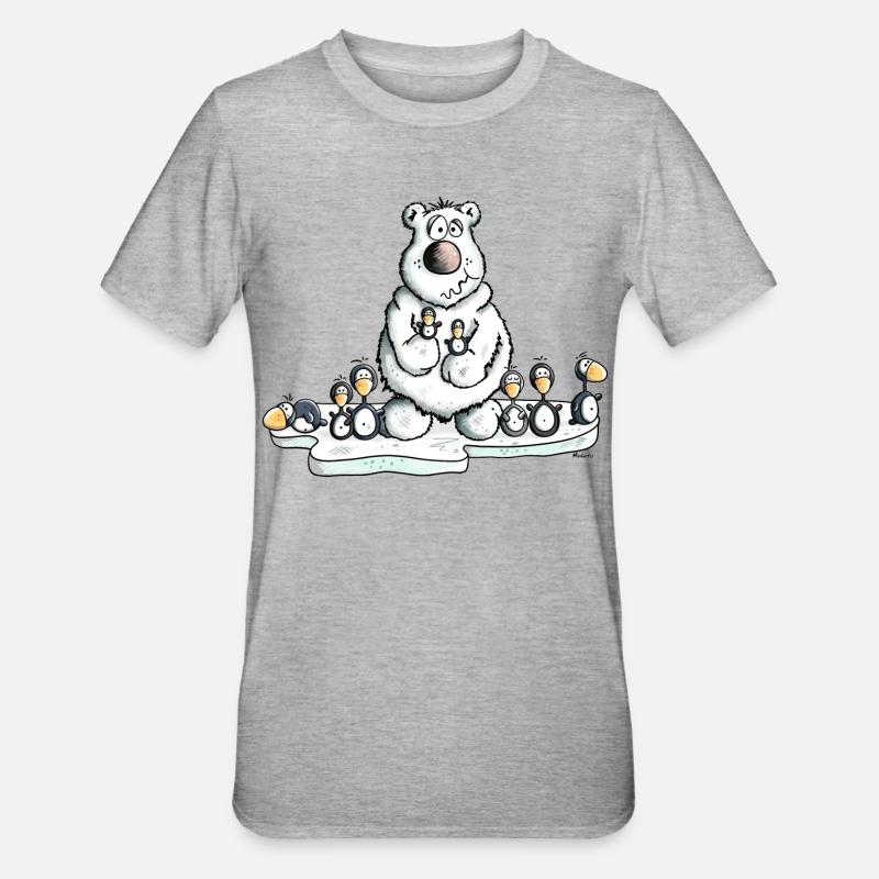 Eisbär mit Pinguinen - Unisex Polycotton T-Shirt - Grau meliert
