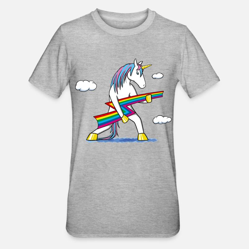 Rainbow Rock – Einhorn mit Regenbogenblitz - Unisex Polycotton T-Shirt - Grau meliert